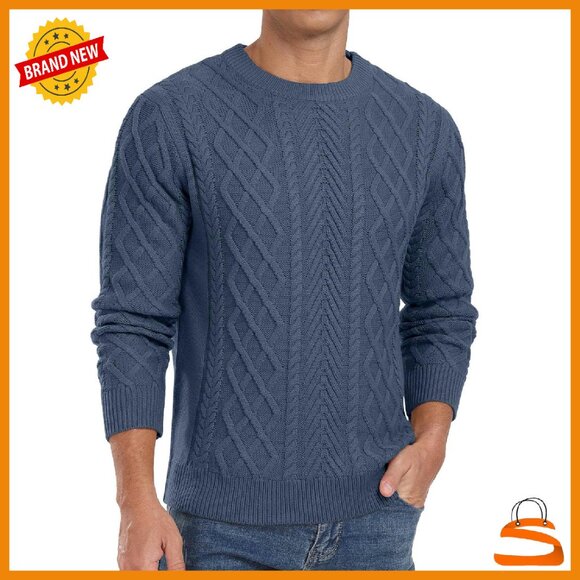 Men's Fisherman Pullover Sweater Chunky Knit Crewneck Long Sleeve